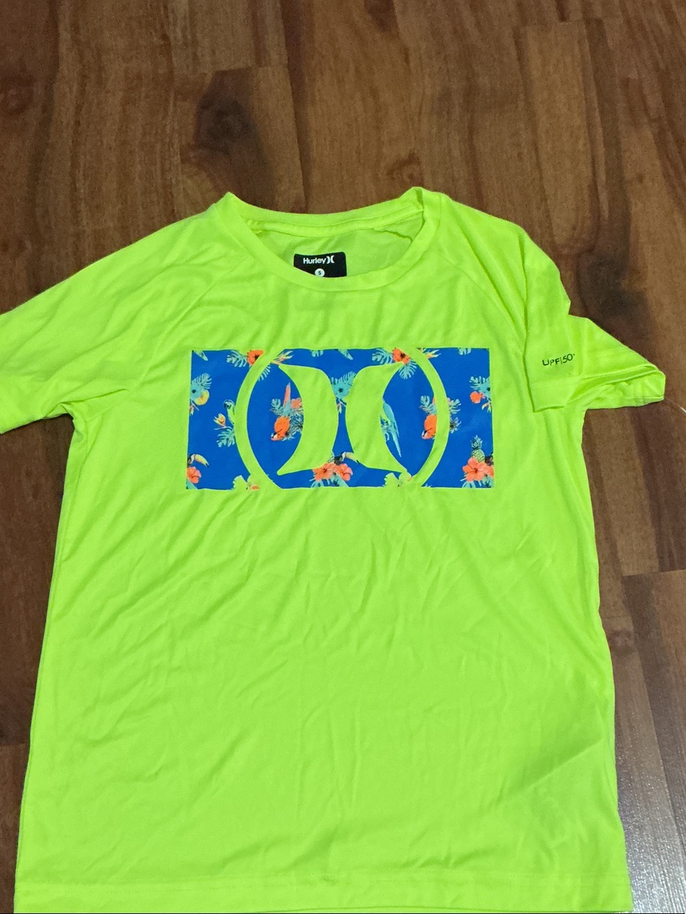 Hurley Neon Green Short-Sleeve Logo Tee with Blue Floral Panel kids 8 10